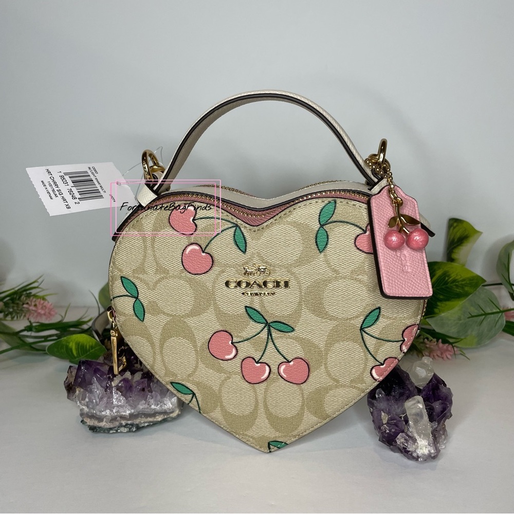 Coach Set Heart Cherry Print Heart Crossbody Triple Jacquard Cherry Charm Chain - Picture 7 of 15